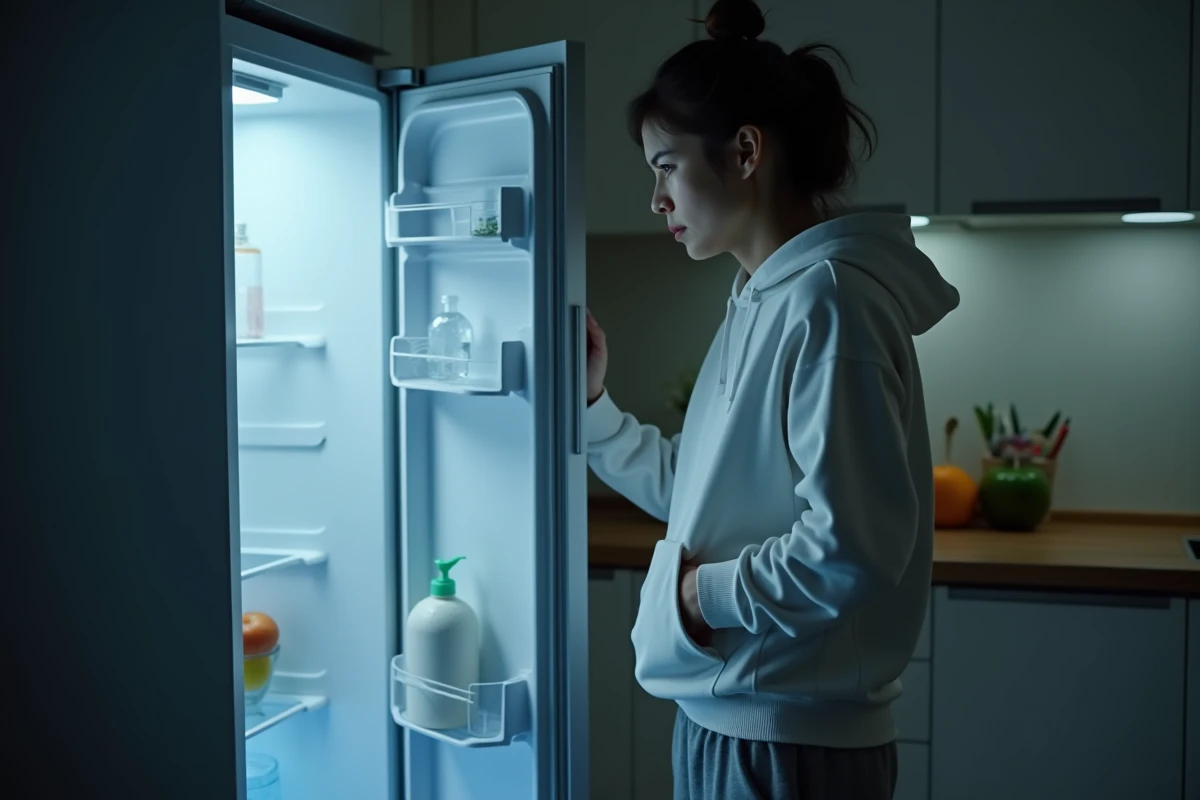 Personne debout devant un réfrigérateur presque vide en tenant son ventre, symbolisant la privation alimentaire et ses effets progressifs sur l'organisme