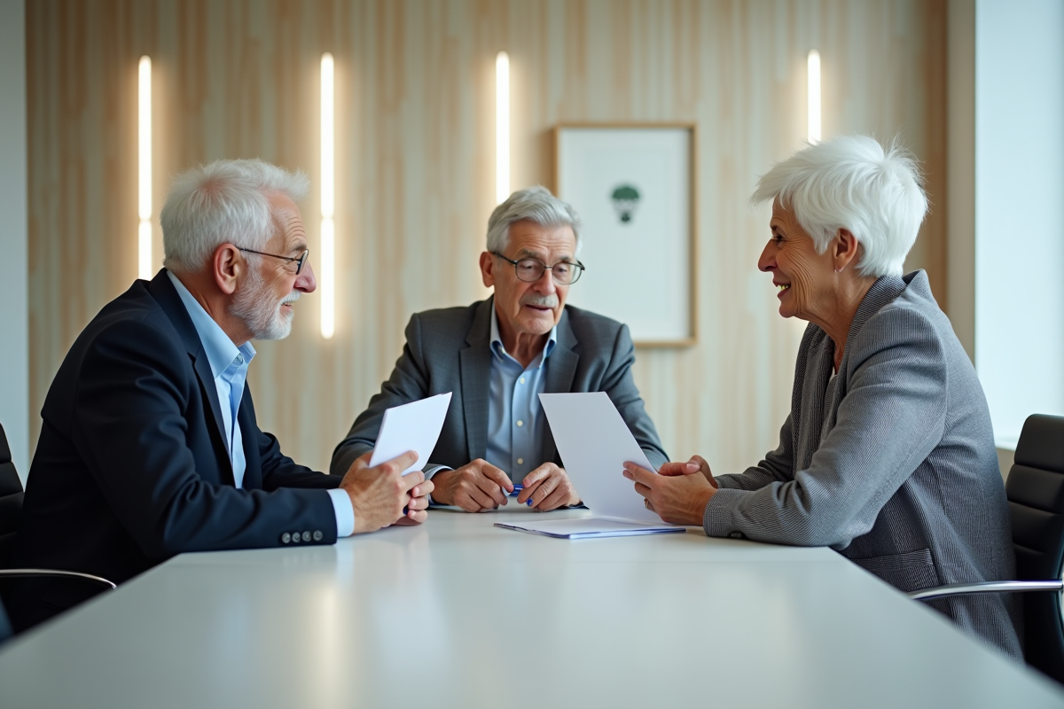 Trois personnes agees discutant autour de documents