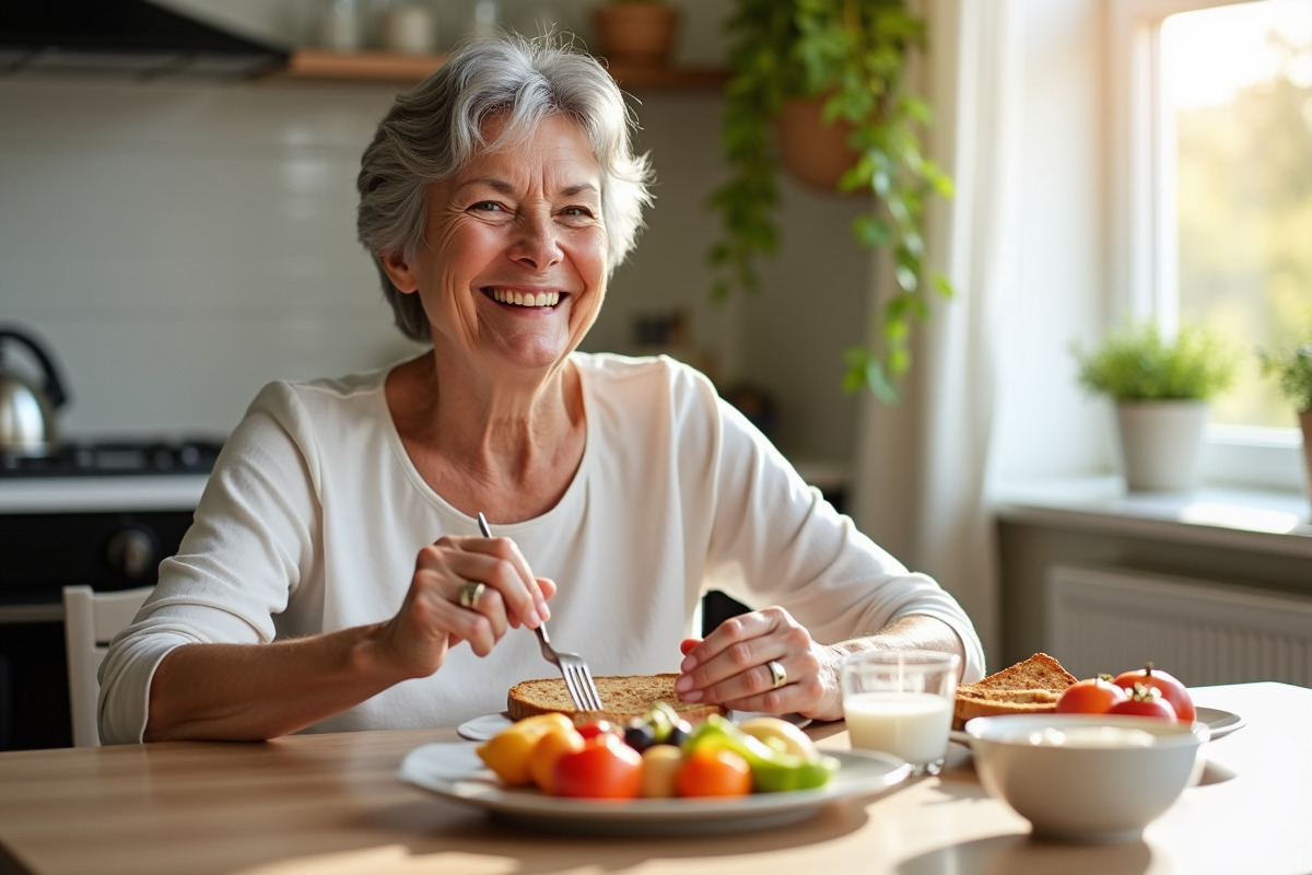 Femme senior souriante prenant un petit déjeuner équilibré