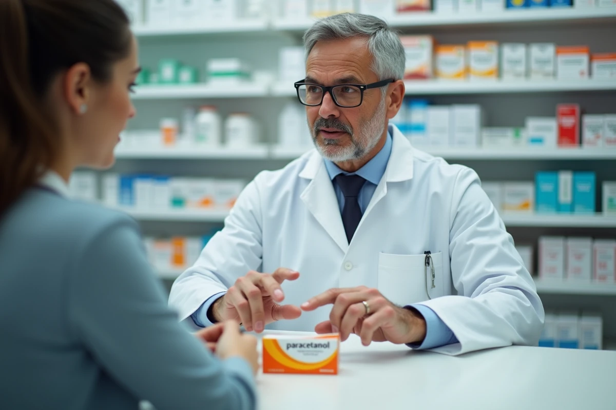 Pharmacien expliquant les effets du paracétamol sur la tension artérielle à une cliente en pharmacie