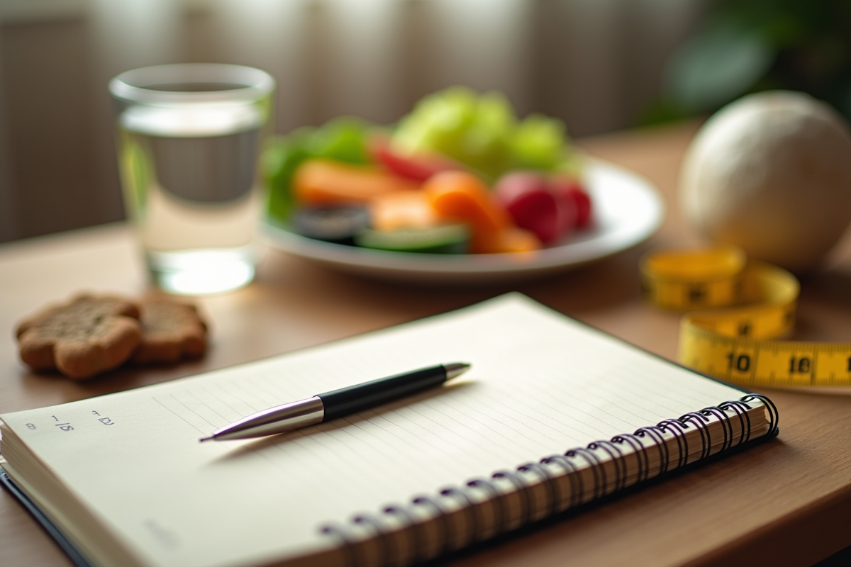 Journal et alimentation saine sur une table en bois dans une ambiance douce