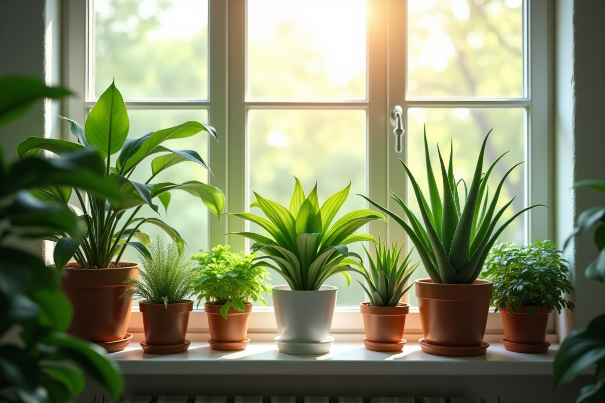 Sélection de plantes vertes purifiantes sur une fenêtre ensoleillée