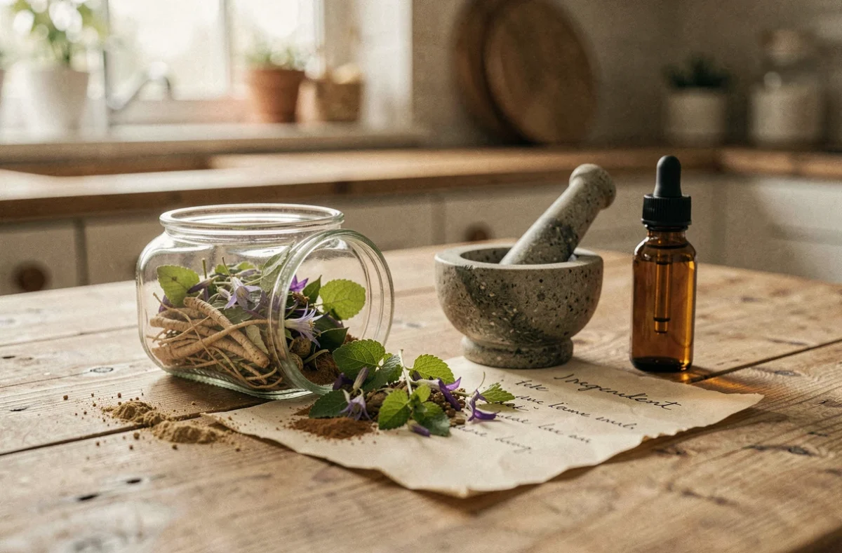 Plantes médicinales séchées et mortier en bois pour illustrer la composition naturelle des ingrédients de Kalinoe