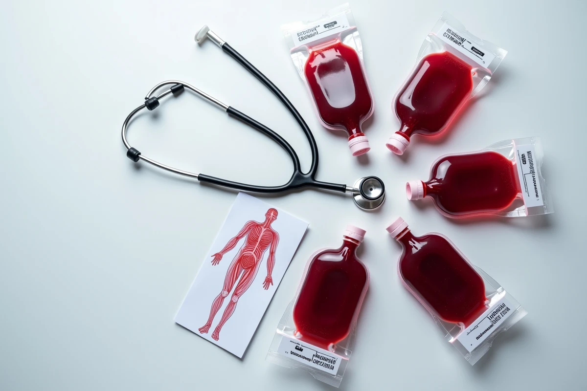 Vue aérienne de poches de sang et d'infographie médicale illustrant le volume total de sang dans le corps humain