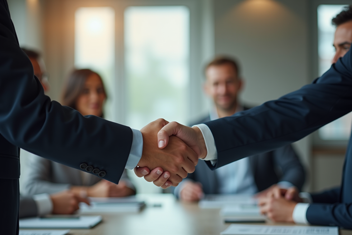 Deux professionnels se serrant la main en réunion professionnelle