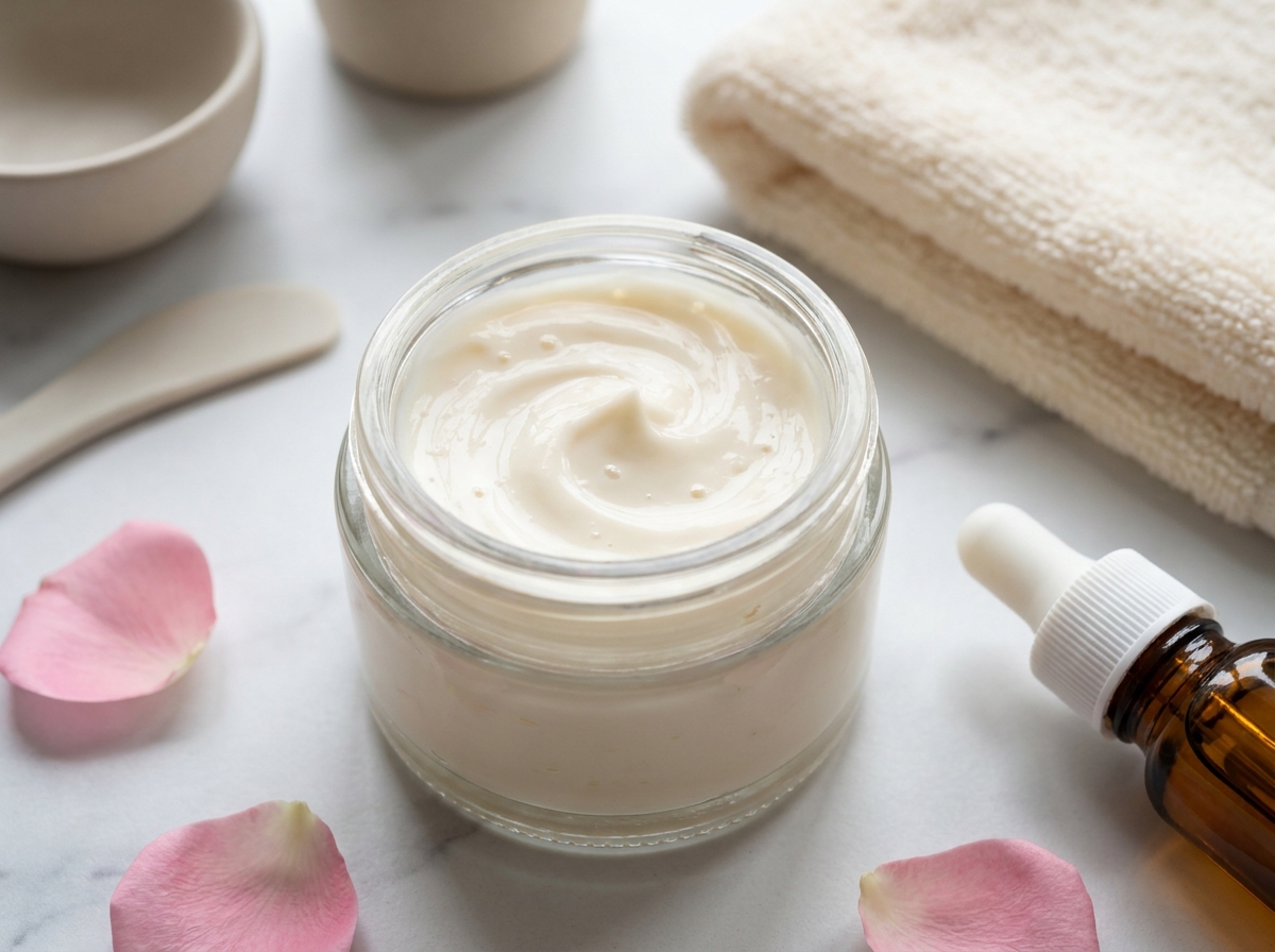 Pot de crème de jour anti-âge ouvert sur marbre blanc avec pétales de rose et sérum, style spa luxueux