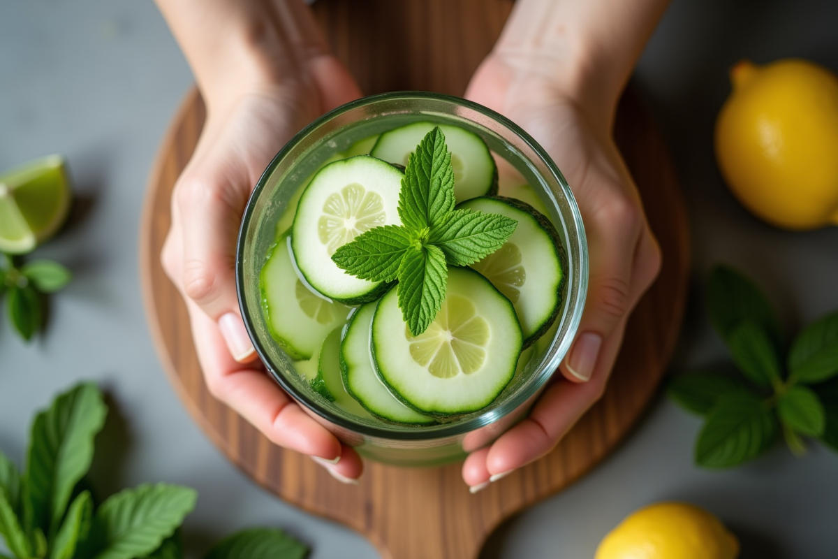 Gros plan sur des mains préparant une eau detox avec citron et concombre