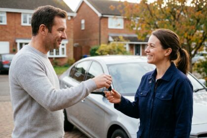 Un homme prête ses clés de voiture à une amie dans une allée résidentielle, illustrant le prêt de véhicule entre proches et ses implications pour l'assurance auto