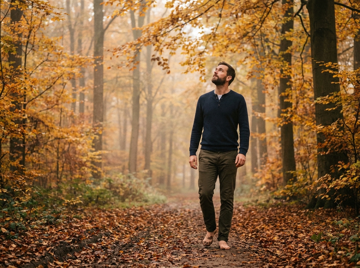 Homme se promenant seul en forêt en automne comme méthode naturelle de gestion du stress et de la relaxation