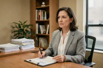 Psychologue clinicienne tenant un questionnaire d'évaluation de la dépression dans un cabinet médical calme