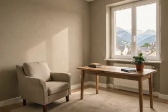 Cabinet de psychologue en Auvergne-Rhône-Alpes, espace calme et professionnel avec fauteuil et bureau en bois