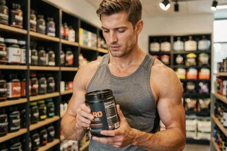 Athlète masculin examinant les informations nutritionnelles d'un complément alimentaire sportif en magasin
