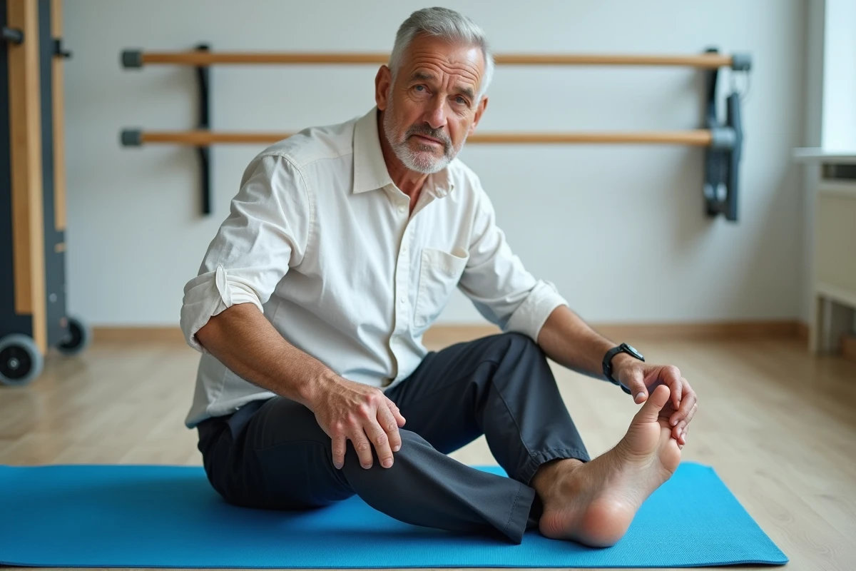 Homme en rééducation physique effectuant des exercices d'étirement en kinésithérapie après une infiltration articulaire douloureuse