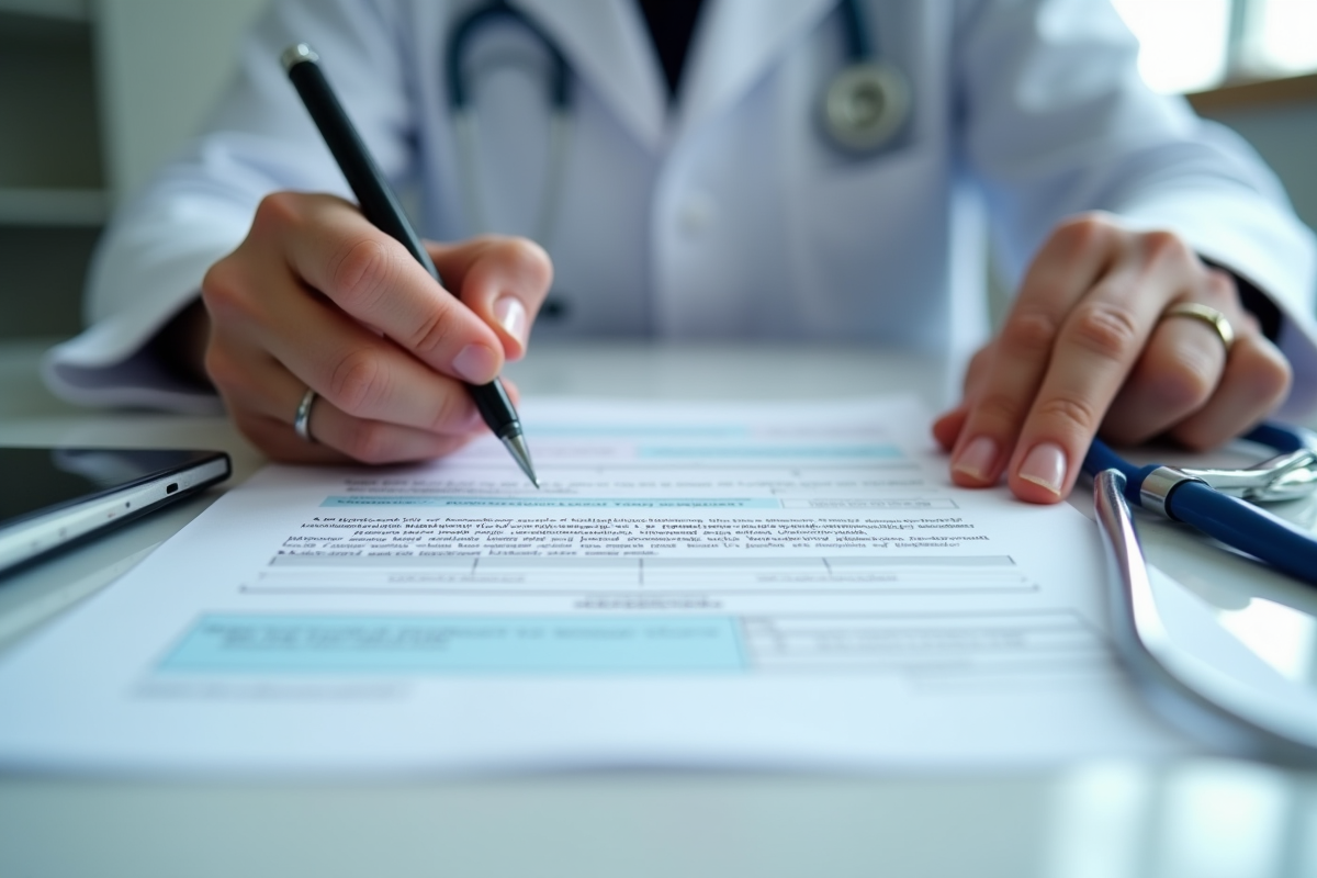 Mains remplissant un formulaire de plainte médicale sur un bureau