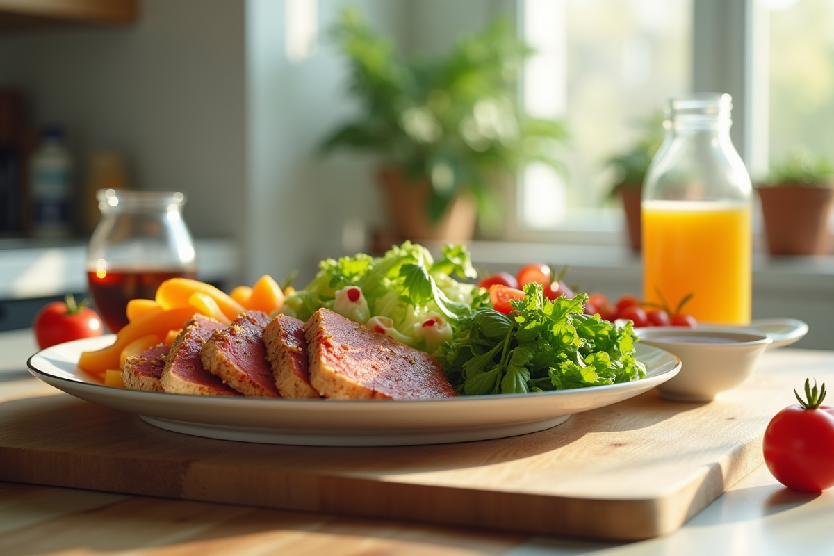 Repas sain selon la diète Thonon sur une table lumineuse