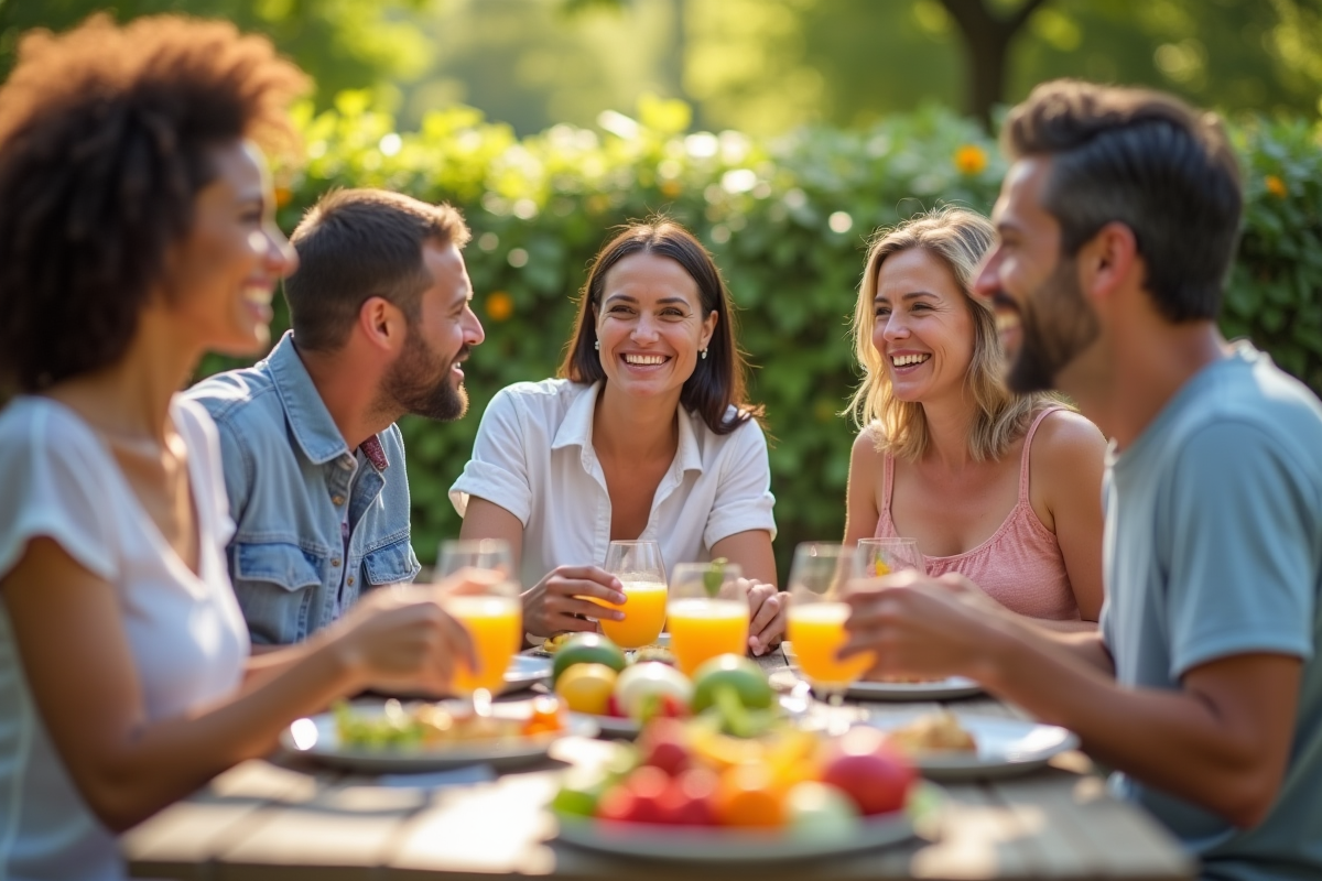 Groupe d'adultes dégustant un repas sain en plein air