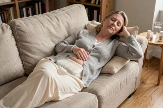 Femme d'âge mûr se reposant sur un canapé avec une bouillotte sur l'abdomen pendant une crise de diverticulite