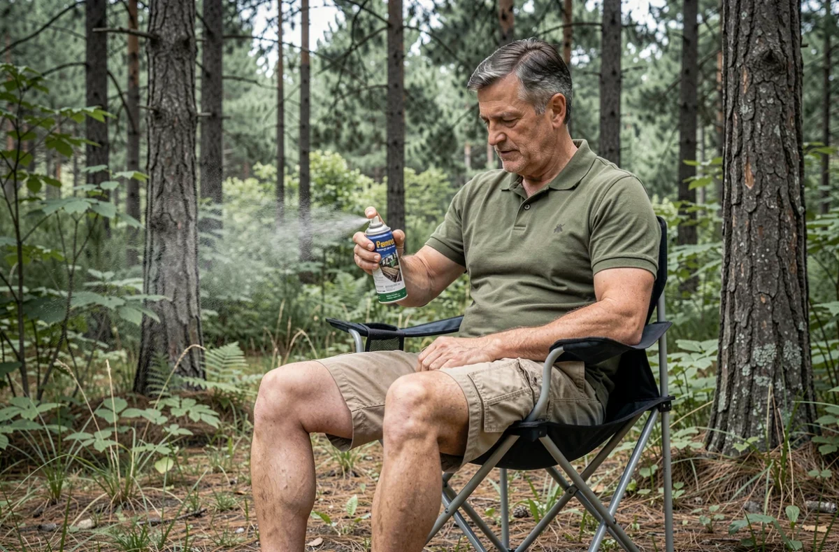 Homme appliquant un répulsif chimique anti-moustiques en spray sur ses jambes dans une clairière forestière lors d'un camping