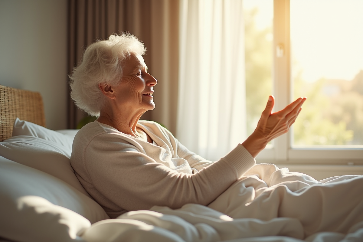Femme agee se reveillant paisiblement dans sa chambre lumineuse