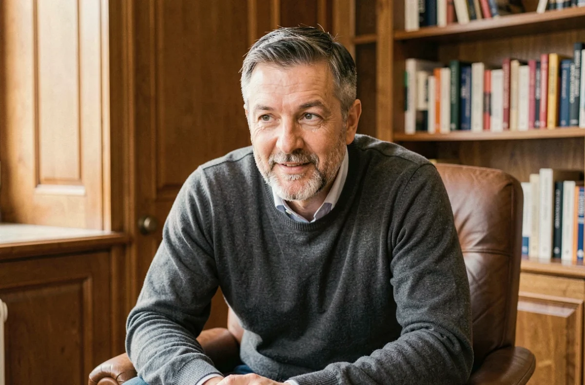 Psychologue homme à Lyon, barbe courte, pull gris, assis dans son cabinet boisé avec expression empathique