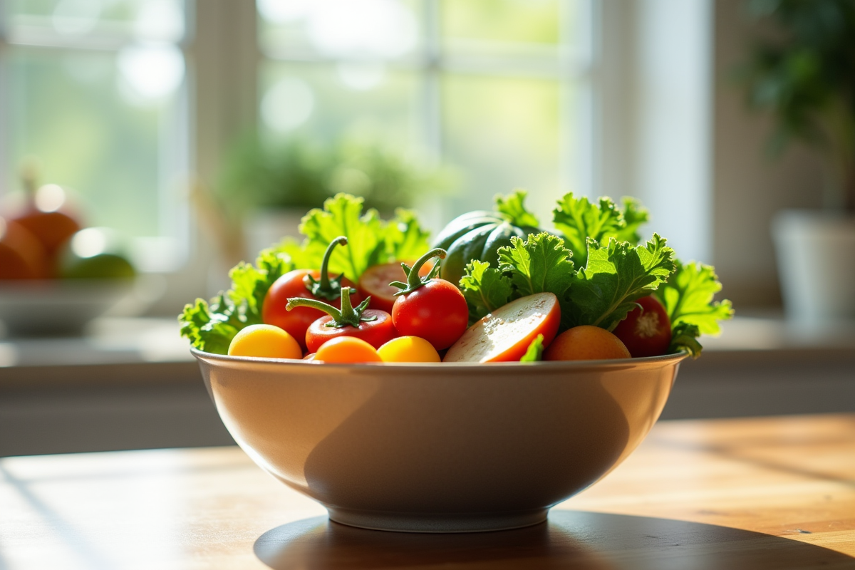 Salade fraîche avec légumes colorés et feuilles vertes