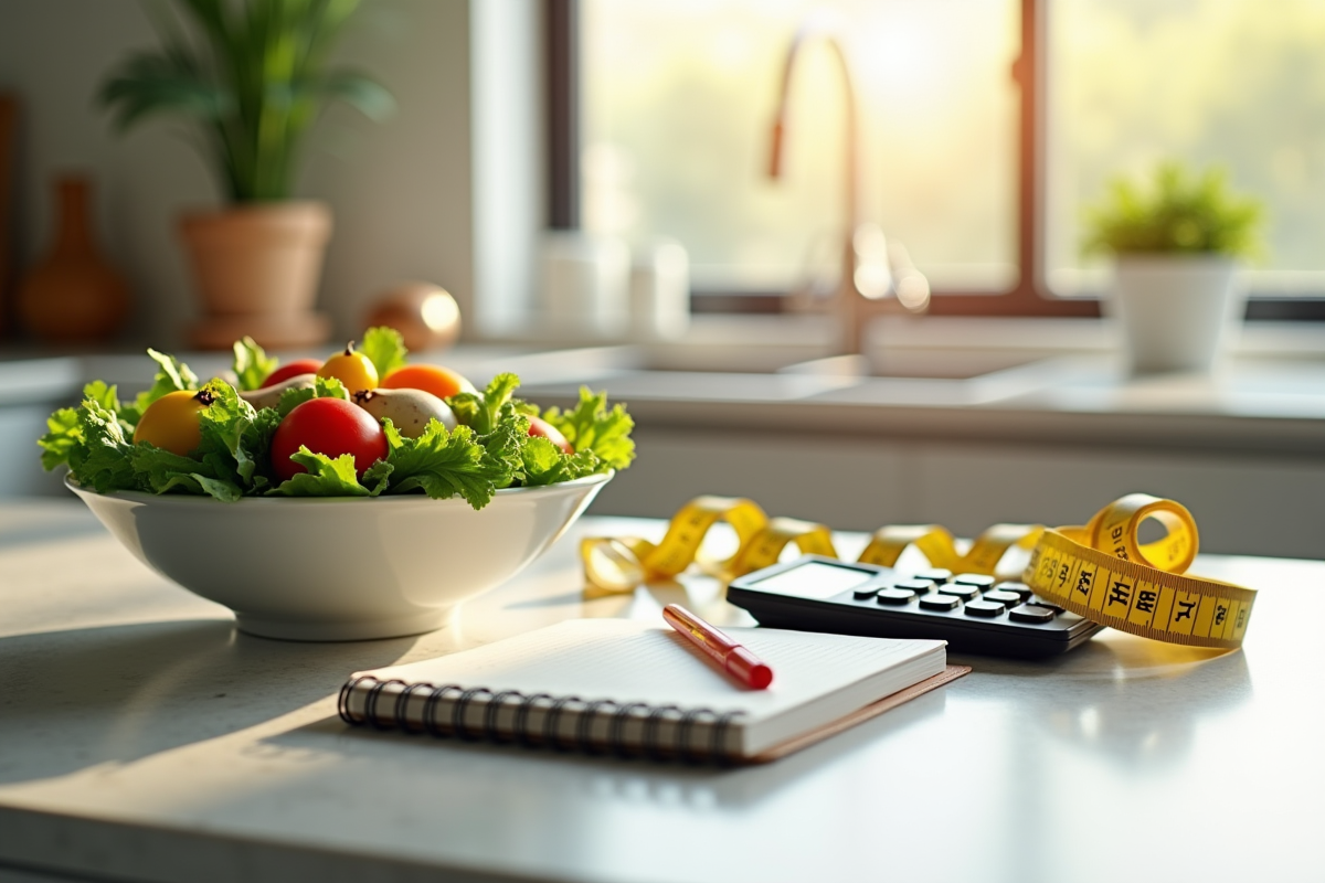 Salade saine avec carnet et calculatrice sur table moderne