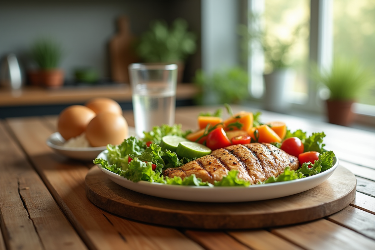 Salade fraiche poulet grille et verre d