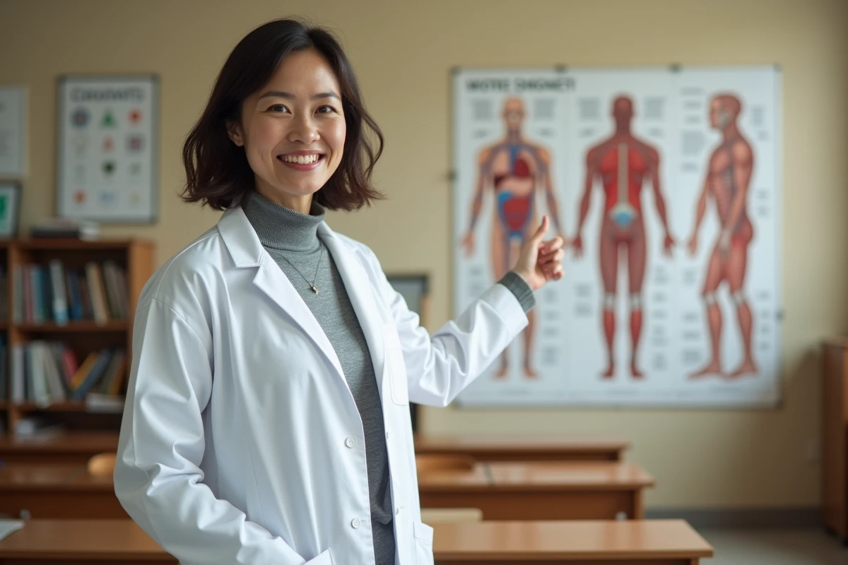 Enseignante en biologie pointant un schéma du système circulatoire humain dans une salle de cours universitaire