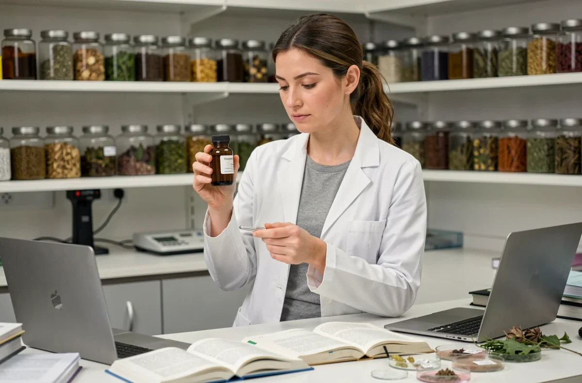 Femme scientifique en blouse blanche analysant les ingrédients d'un complément alimentaire Kalinoe en laboratoire