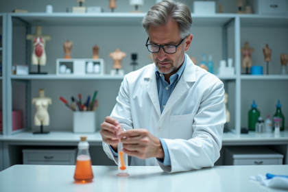 Chercheur en laboratoire examinant un flacon de liquide