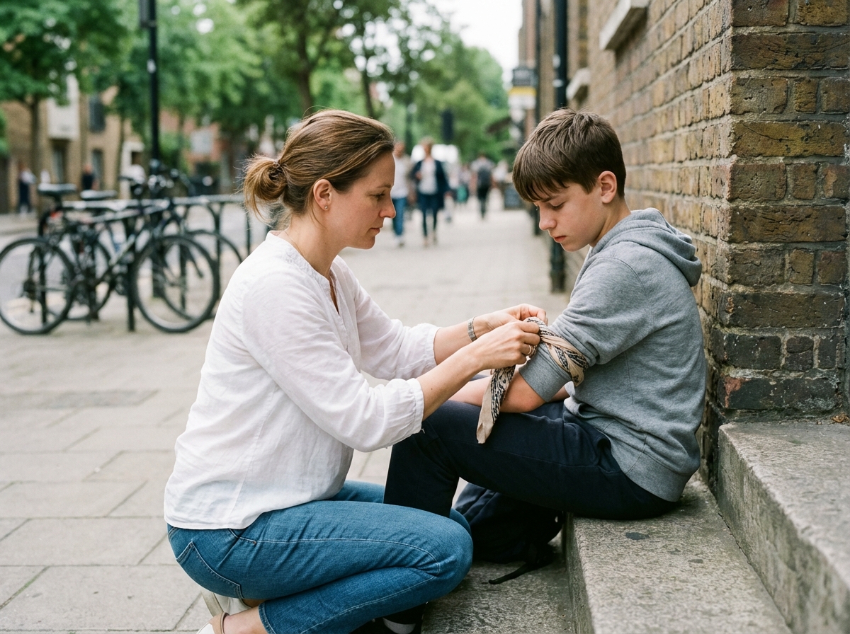 Jeune femme posant un garrot sur un adolescent
