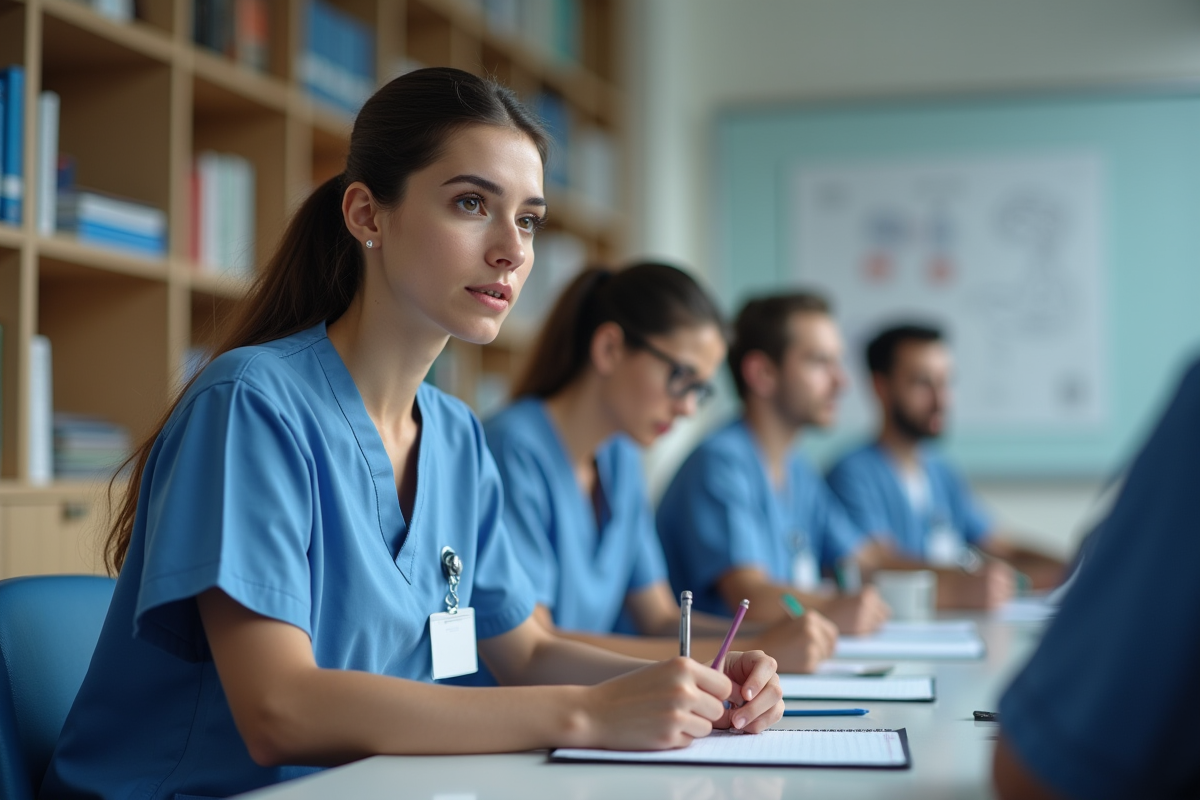 Jeune femme en scrubs prenant des notes en formation