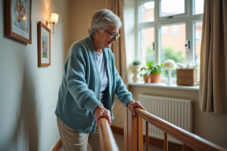 Femme âgée descend un escalier avec rampe en bois dans un intérieur chaleureux