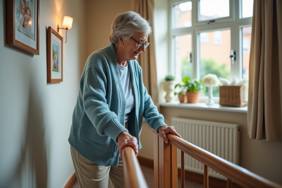 Femme âgée descend un escalier avec rampe en bois dans un intérieur chaleureux