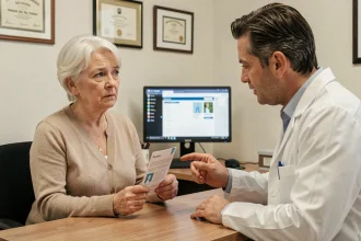 Une femme âgée discute du prix du vaccin contre le zona avec son médecin généraliste dans un cabinet médical