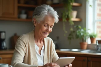 Une femme senior lisant des informations de santé sur une tablette dans sa cuisine, illustrant l'accès simplifié à la santé pour les personnes âgées