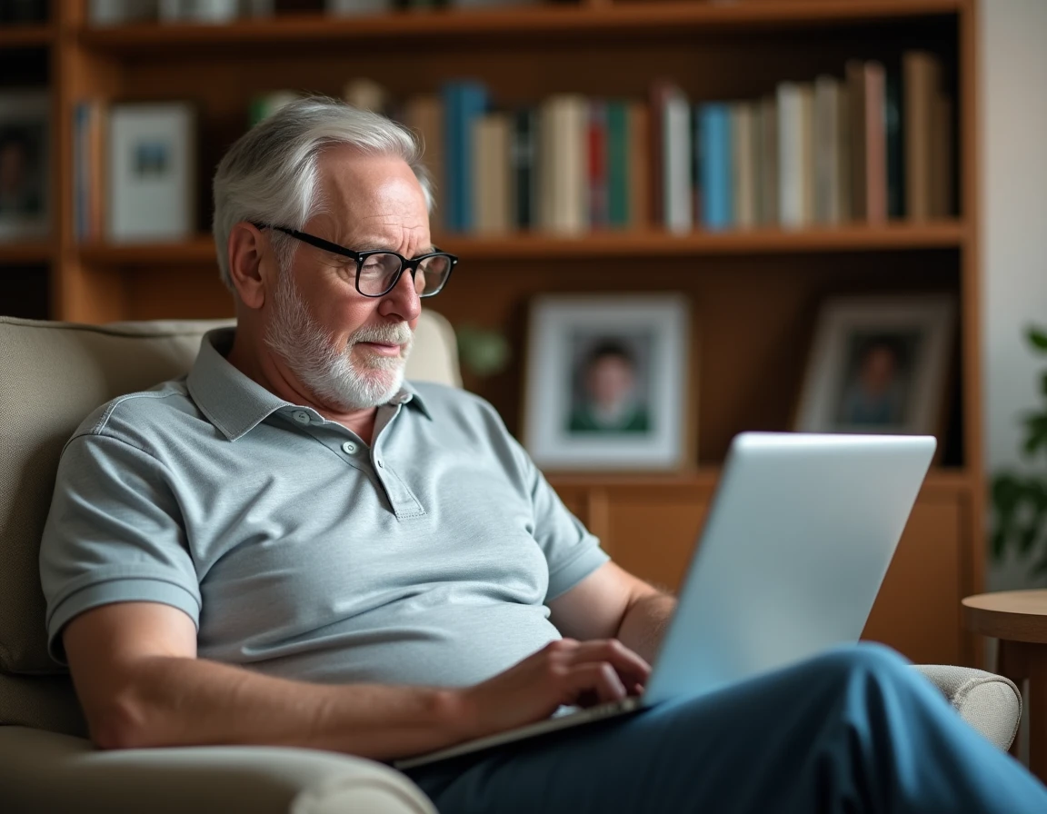 Un homme senior consultant un blog de santé sur son ordinateur portable dans son salon, symbole de l'autonomie numérique des seniors face à leur santé
