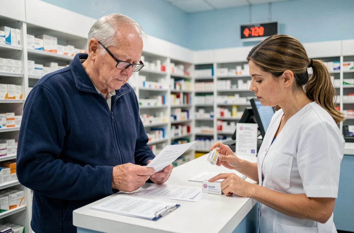Un homme senior à la pharmacie examine une ordonnance pour le vaccin contre le zona avec une pharmacienne