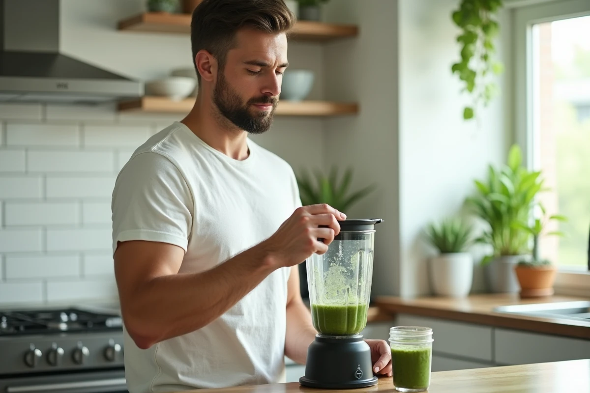 Homme préparant un smoothie vert détox avec du gel de sea moss dans une cuisine moderne avec blender et plantes vertes