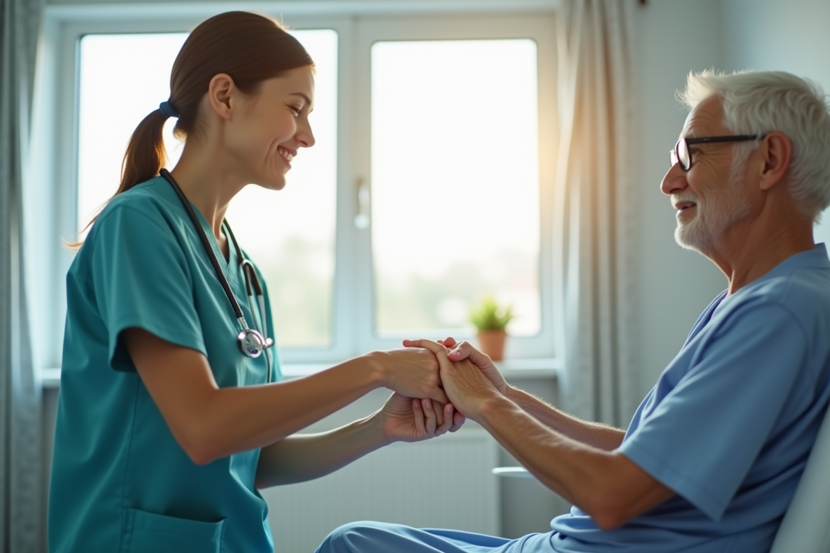 Soignant compatissant tenant la main d'un patient âgé dans une salle lumineuse