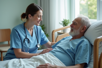 Infirmière rassurante auprès d’un patient âgé en chambre