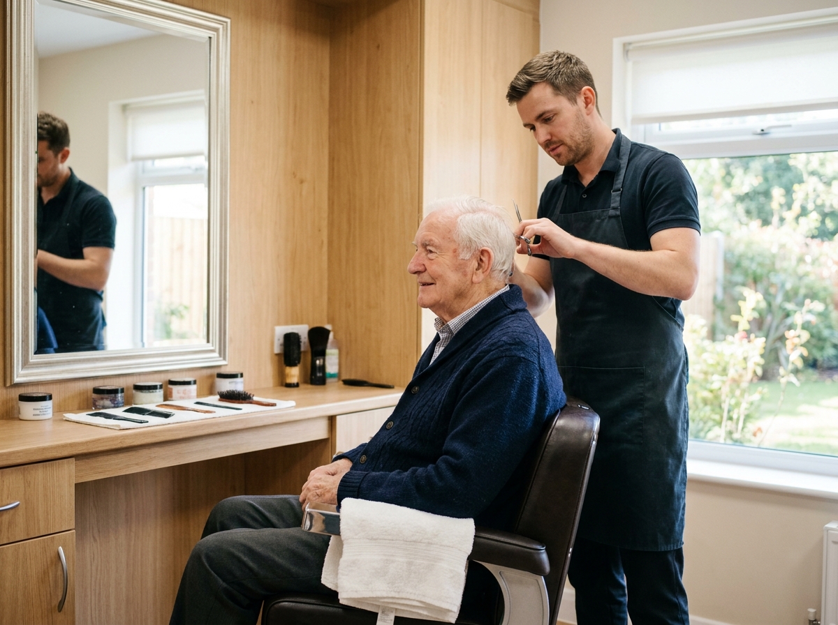 Un résident âgé se faisant couper les cheveux dans une maison de retraite, moment de soin et de dignité avec un coiffeur attentionné