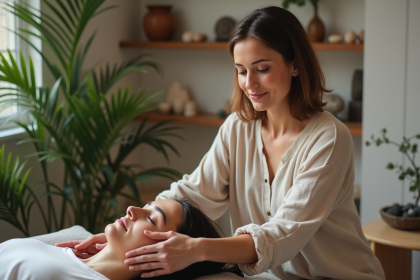 Praticienne en soins énergétiques lors d'une séance apaisante