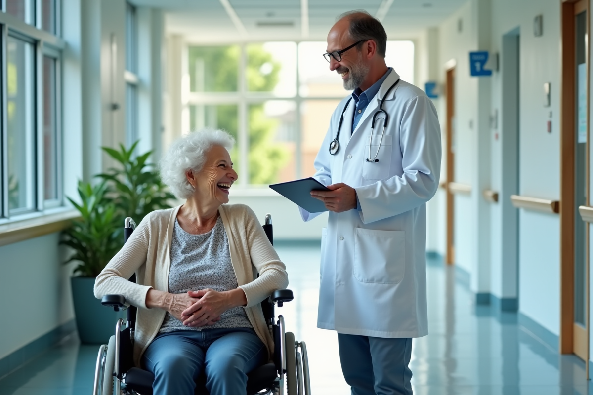 Infirmière et patiente âgée discutent dans un couloir d