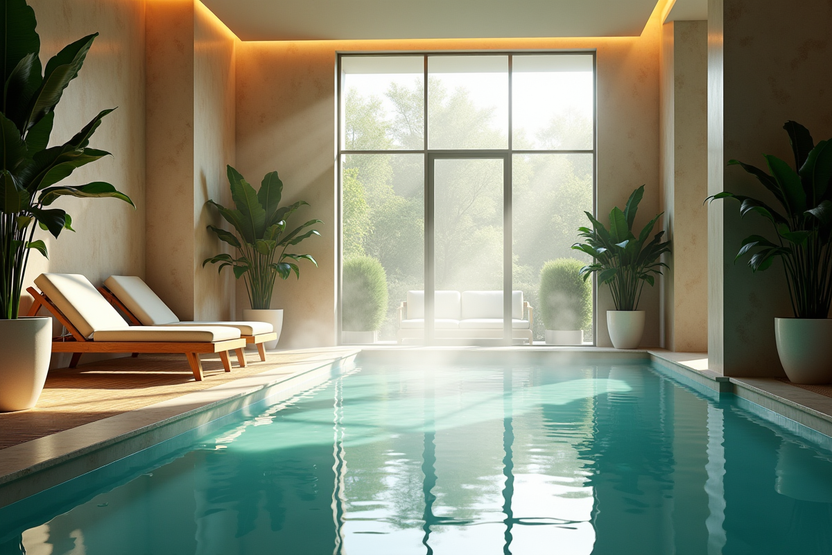 Spa intérieur luxueux avec lumière naturelle et grande piscine