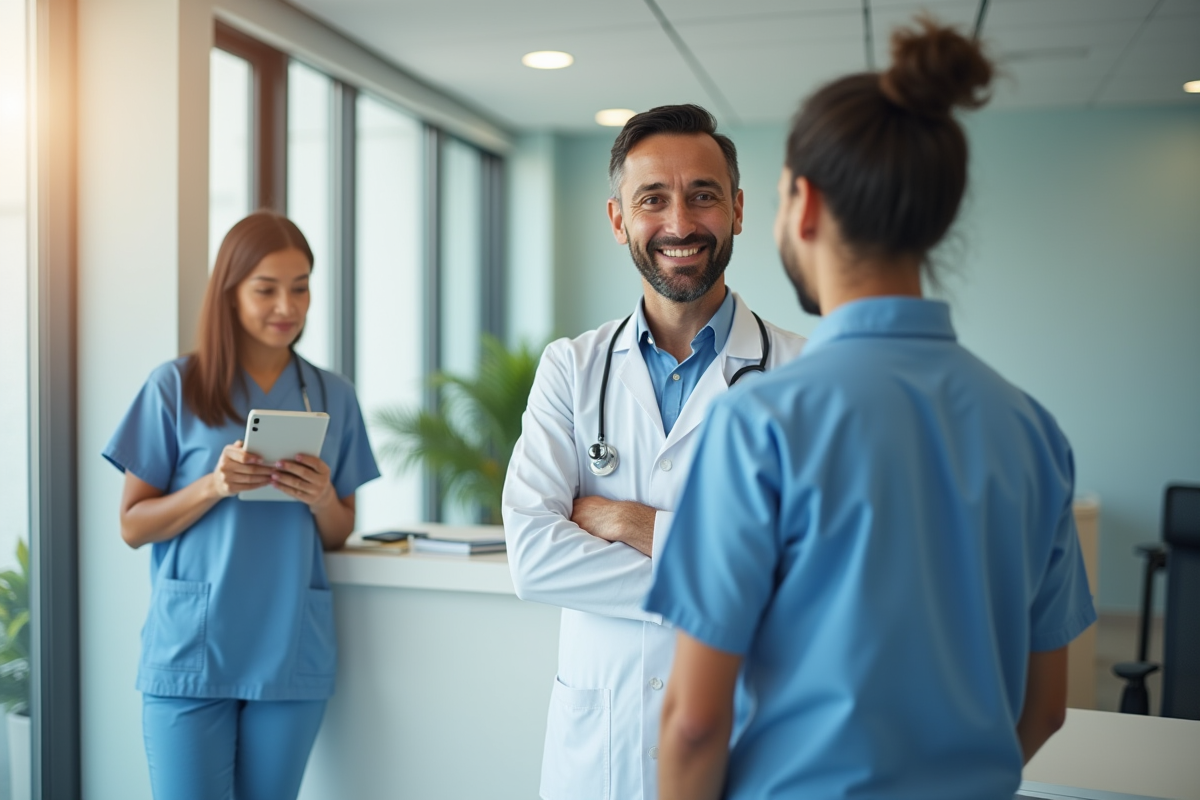 Médecin accueillant un patient dans une clinique lumineuse