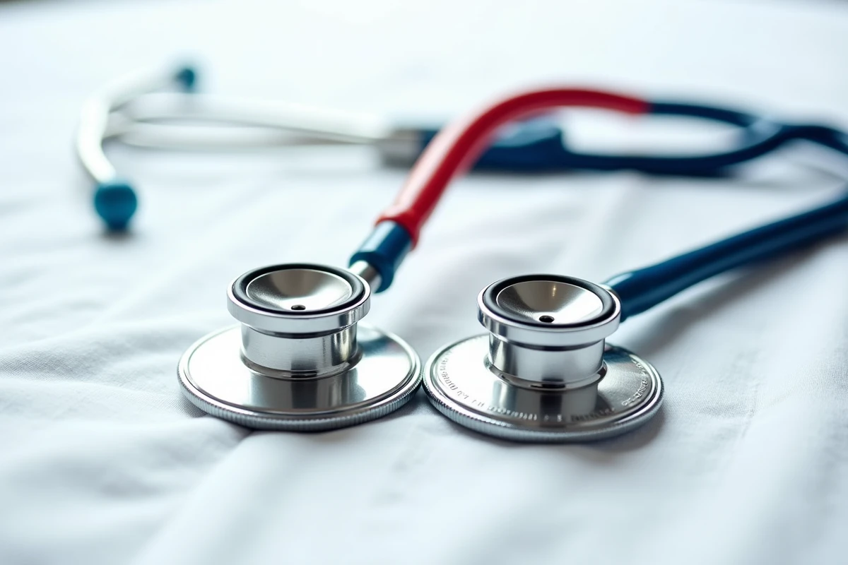 Comparaison entre un stéthoscope pédiatrique et un stéthoscope adulte posés côte à côte sur fond blanc