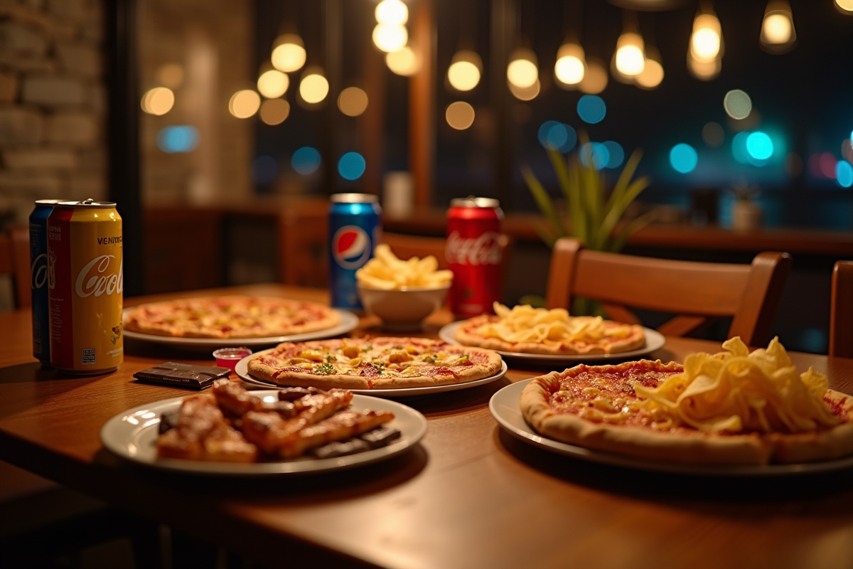 Table en bois avec snacks caloriques la nuit