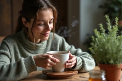 Femme buvant une tisane au thym dans une cuisine chaleureuse