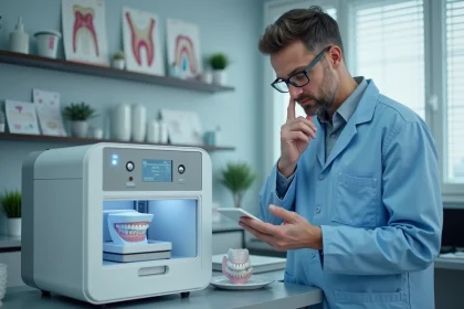 Technicien dentaire examinant une imprimante 3D dans un laboratoire